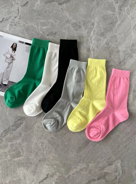 韩版糖果色薄款中筒丝袜春夏果绿色亮丝潮袜纯色超薄百搭堆堆袜女