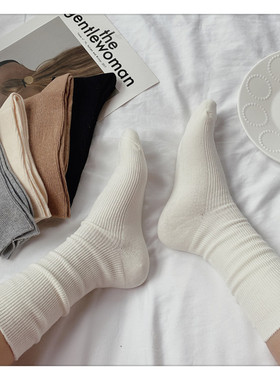 春季新款棉质百搭黑色灰色中筒袜日系螺纹学院风堆堆袜女士长袜潮