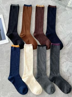 欧美秋季新款miu系秀款袜口拼色小腿袜灰色系竖纹显瘦时尚长筒袜