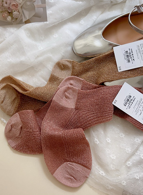 韩国进口春夏中筒薄透丝袜彩色亮丝小腿袜坑条闪色银色紫色堆堆袜