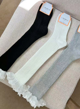 韩国进口秋季女士时装堆堆袜复古白色蕾丝花边小腿袜洛丽塔长筒袜
