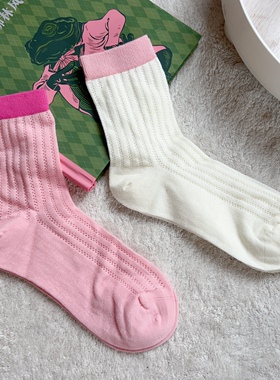日韩春夏粉色撞色网眼中筒袜白色宽条薄款夏日凉爽镂空透气女袜子