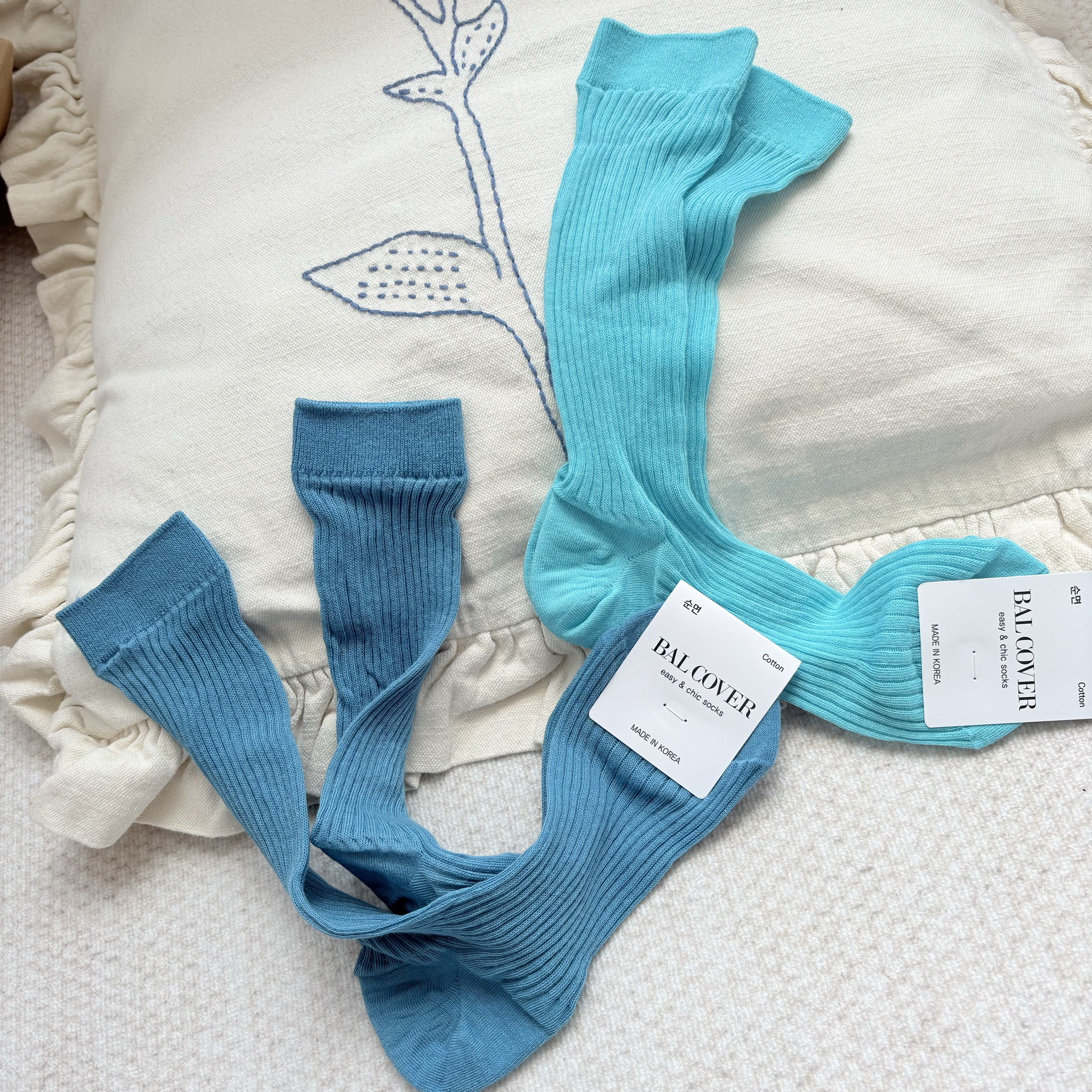 韩国进口春夏薄款微透孔雀蓝中长筒袜ins薄棉坑条纹奶油绿堆堆袜