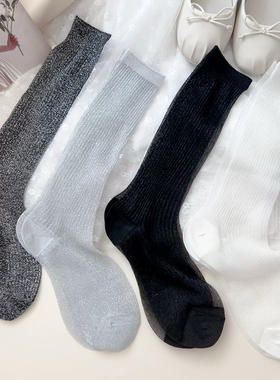 春夏韩国东大门薄透黑白银丝袜条纹中筒袜白色玻璃丝长袜堆堆潮袜