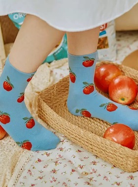 韩国东大门秋季款意式风情水果中筒棉袜湖蓝色苹果少女甜美风女袜