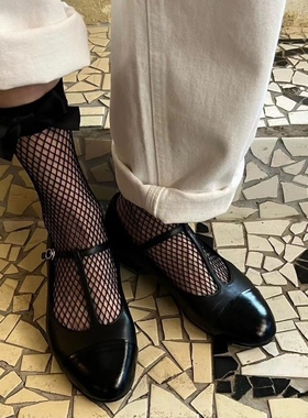 东大门老板娘同款黑色渔网袜白色蝴蝶结性感洞洞袜子女百搭中筒袜