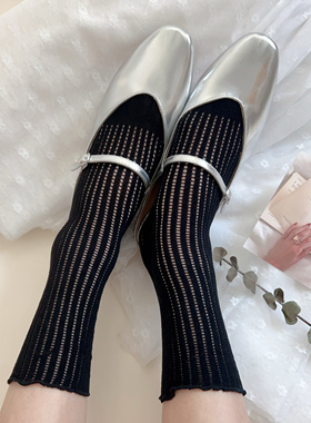 春夏薄款中筒袜子黑色白色花边堆堆袜网眼镂空日系蕾丝袜柔软女袜