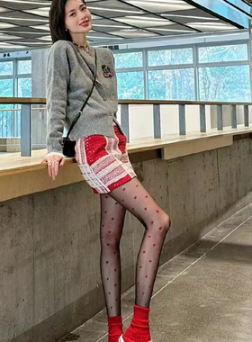 网红同款红色小爱心性感连裤丝袜辣妹黑丝超薄防勾丝美腿打底袜女