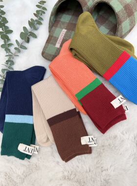 咸菜绿色袜子女韩国进口潮女袜小布标中筒袜孔雀绿时尚撞色小腿袜