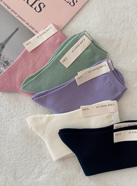 春夏纯色薄款袜子后字母布标冰丝棉中筒袜白色紫色薄荷绿堆堆袜女