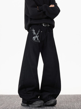 libetter25AW美式复古廓形拼接牛仔裤女辣妹宽松bf慵懒风弯刀裤潮