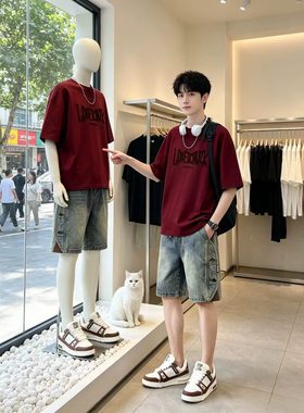 libetter夏季短袖t恤男潮牌学生盐系男友风酷帅穿搭排扣牛仔短裤