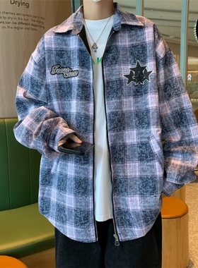 jmhomme美式复古格子夹克外套女秋冬新款潮版宽松百搭衬衫上衣男