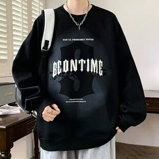 lilbetter26AW男士圆领卫衣高街暗黑风黑色字母印花加绒保暖宽松