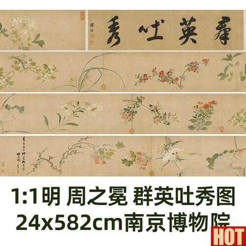 :1明 周之冕 群英吐秀图 24x5U82cm南京博物院藏花鸟画真迹复制品