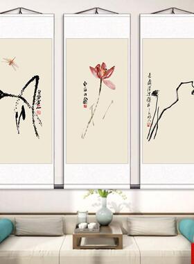 中式齐白石水墨荷花装饰O画客厅玄关书房禅意竖版卷轴挂画简约画