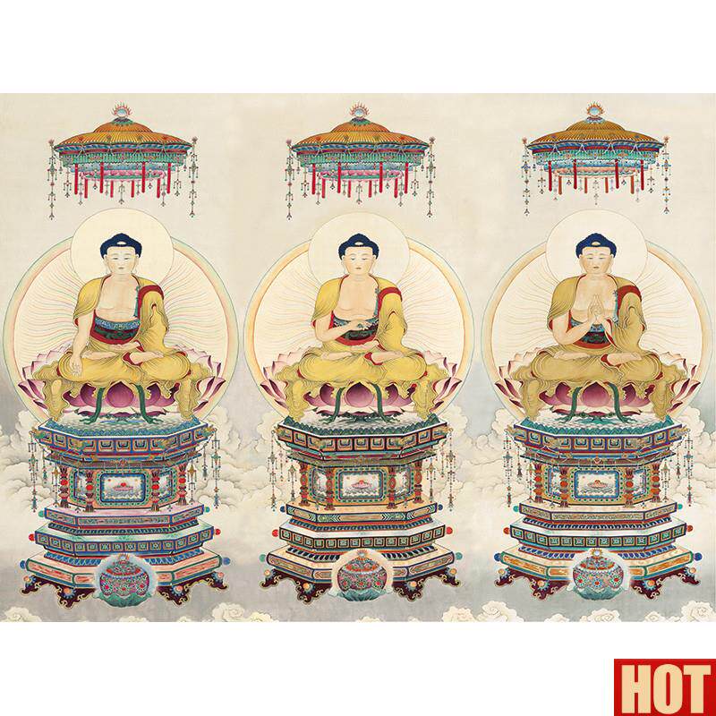 画人物三身佛像横幅艺术微喷打N印复制画绢布画工笔画装饰画