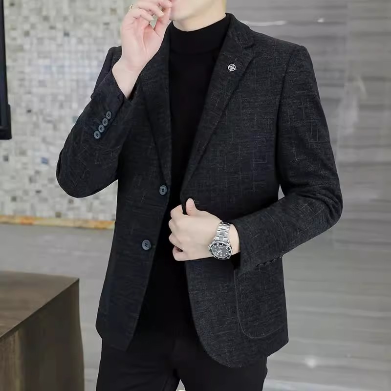 皮尔卡丹高档男士西装套装商务休闲冬季加厚新款爸爸毛呢西服外套