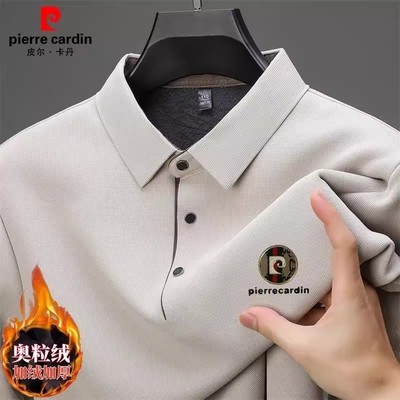 皮尔卡丹高档男士桑蚕丝羊毛加绒加厚Polo衫时尚保暖长袖T恤上衣t