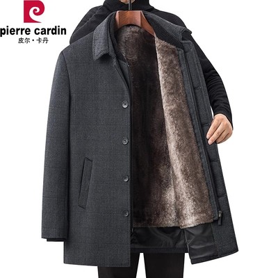 皮尔卡丹高档男士爸爸毛呢外套中长款加厚羊毛呢子大衣中老年风衣