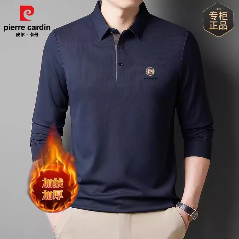 皮尔卡丹男士羊绒保暖蚕丝长袖T恤2024冬季爸爸装加绒加厚POLO衫