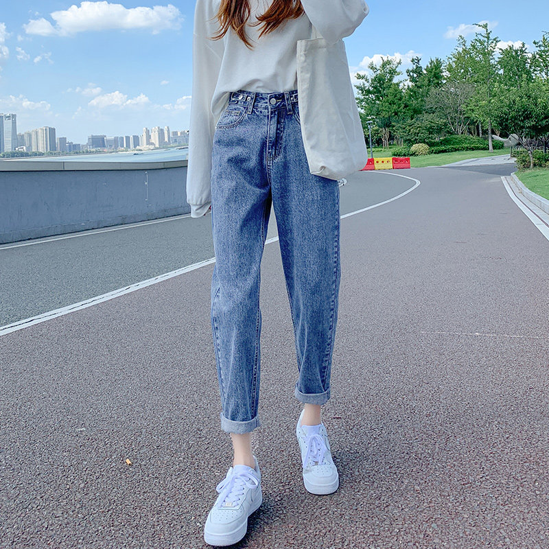 老爹高腰牛仔裤女哈伦裤萝卜裤子