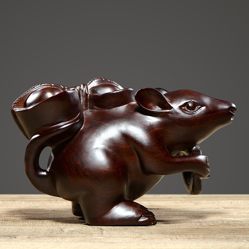 老鼠摆件十二客厅装饰黑檀木雕