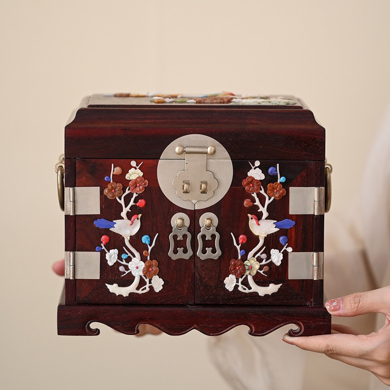 印度小叶紫檀百宝嵌独板官皮箱明式首饰盒收纳盒红木梳妆箱饰品盒