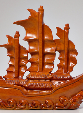 一帆风顺龙舟木雕摆件别墅客厅办公室摆设工艺品开业礼品帆船装饰