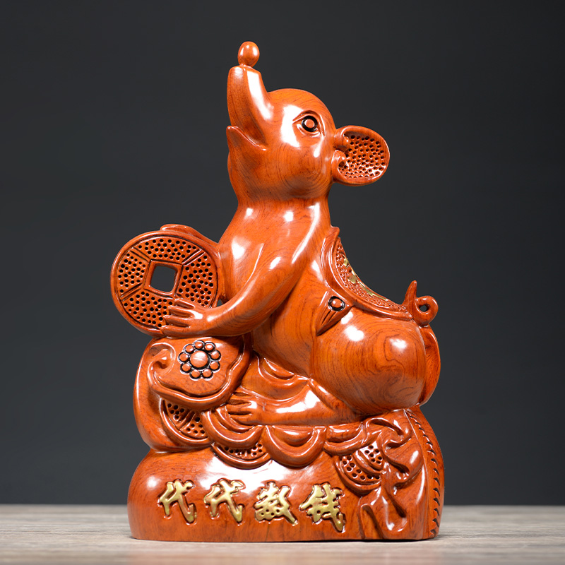 代代数钱生肖老鼠送礼黄花梨木雕