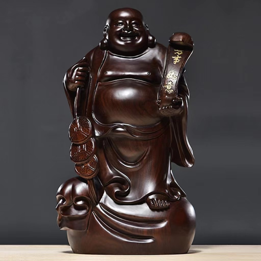 黑檀木雕大肚弥勒佛像摆件供奉客厅家用大号实木质笑佛雕刻工艺品