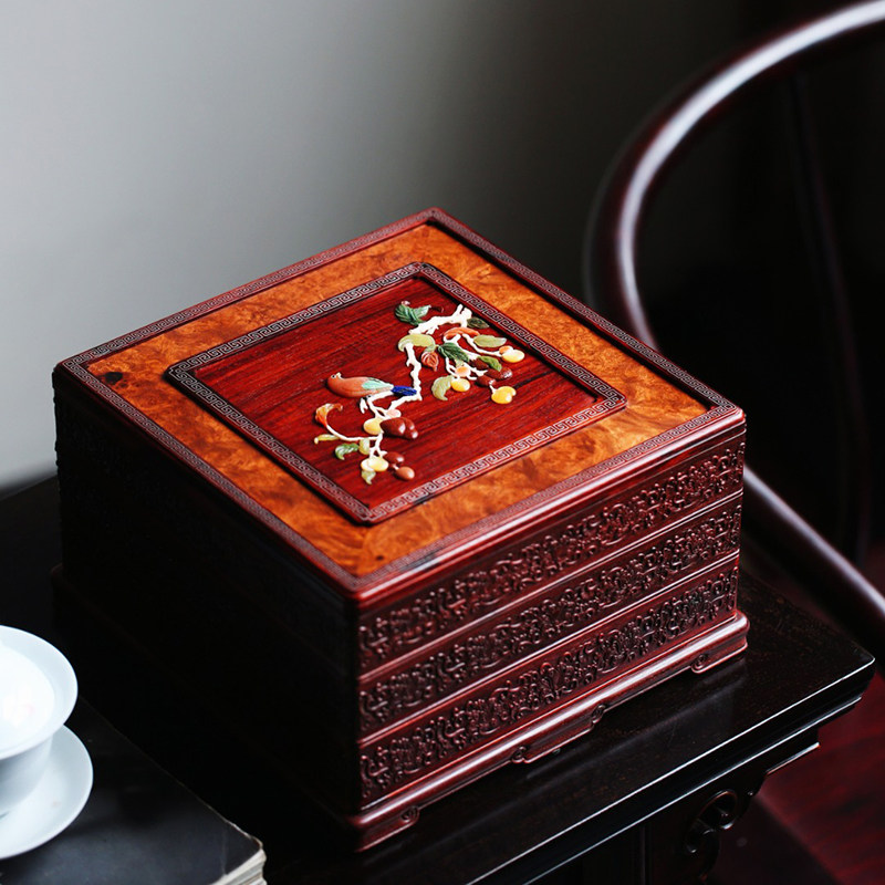 印度小叶紫檀百宝嵌多子多福普洱茶盒盒面镶嵌缅花瘿文玩收藏送礼