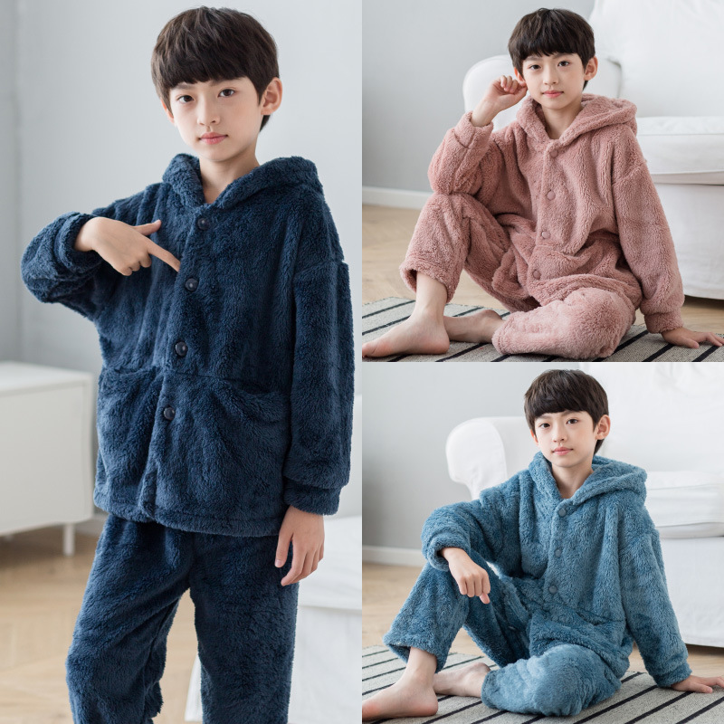 法兰绒儿童睡衣男孩秋冬加厚款小学生中大童春秋珊瑚绒男童家居服