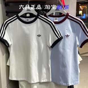 阿迪达斯三叶草女子三条杠棉质透气短袖半袖T恤 KD3684 KD3683