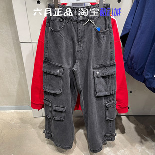 正品阿迪达斯三叶草男子牛仔裤复古多口袋直筒阔腿长裤 JY0203