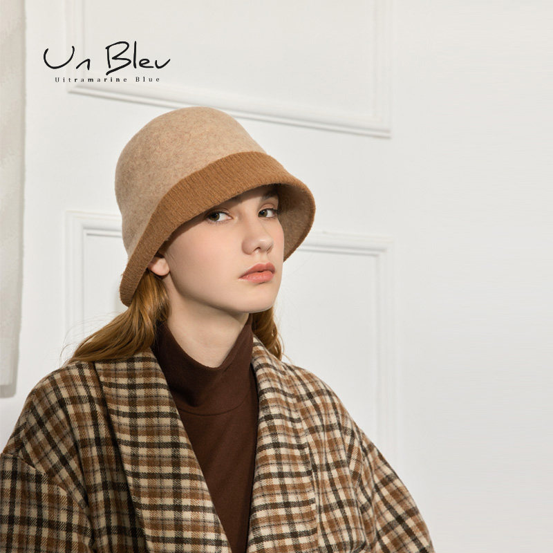 UnBleu保暖渔夫帽女春秋季新款日系女装撞色高级羊毛呢水桶帽