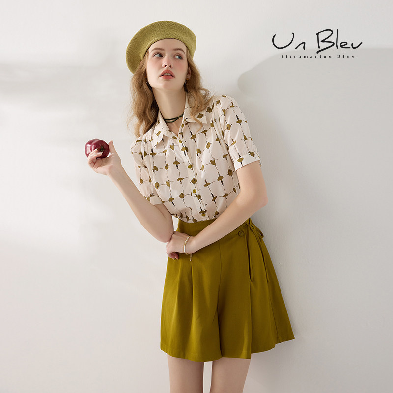 纯棉衬衫女新款夏装短袖法式复古女装高级感印花泡泡袖上衣