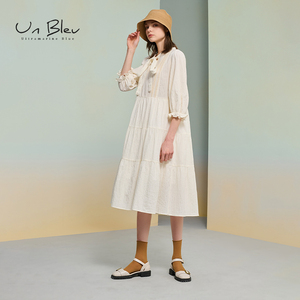 unbleu白色连衣裙秋季新款小个子女装温柔风海边度假绑带宽松裙
