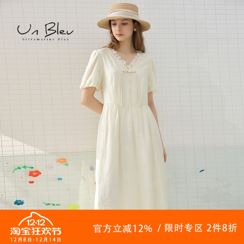 UnBleu泡泡袖连衣裙女天丝提花