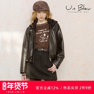 UnBleu短款羽绒服女2025新款小个子女装冬装针织连帽PU皮黑色上衣
