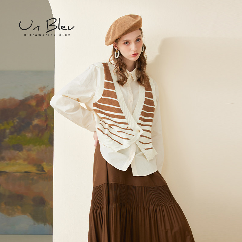 Unbleu马夹假两件衬衫女秋装新款别致温柔通勤女装马甲条纹上衣