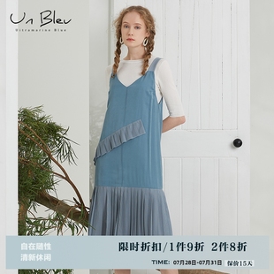 unbleu法式 气质蓝色裙子 拼接背带连衣裙女春秋新款 复古文艺女装