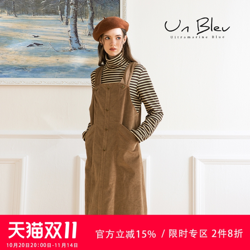 复古宽松背带裙女棕色吊带连衣裙