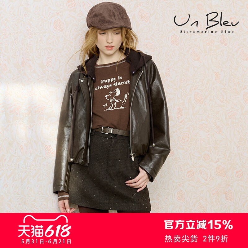 UnBleu短款羽绒服女2025新款小个子女装冬装针织连帽PU皮黑色上衣