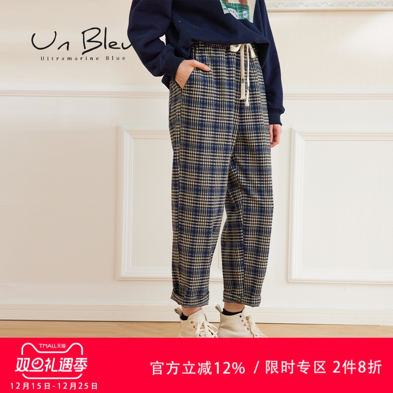 复古休闲格纹直筒裤女小个子秋冬