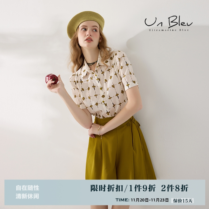 纯棉衬衫女新款夏装短袖法式复古女装高级感印花泡泡袖上衣