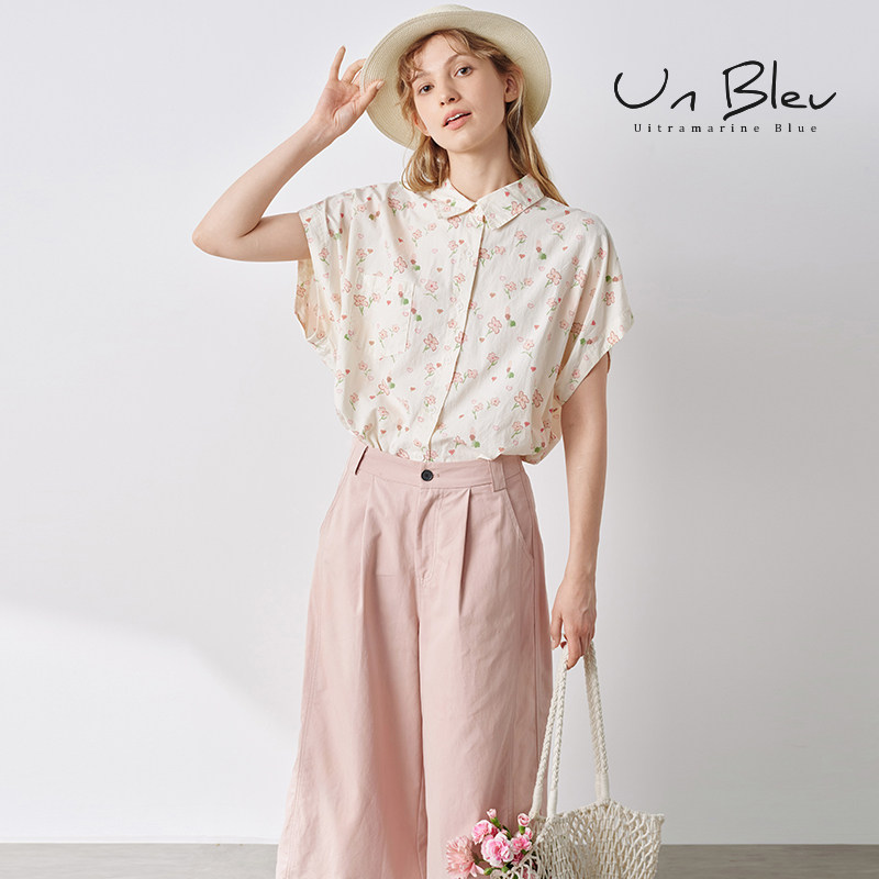 UnBleu短袖衬衫女夏女装2025新款宽松高级时尚纯棉小碎花短袖上衣