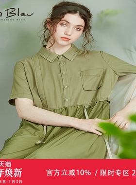 衬衫连衣裙女夏装新款显瘦气质宽松收腰绿色法式学院风衬衣裙
