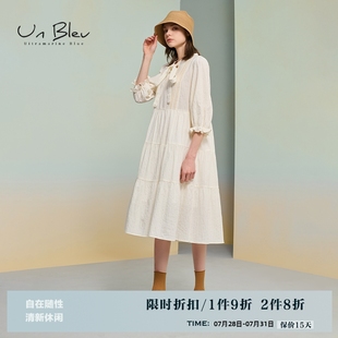 unbleu白色连衣裙秋季 温柔风海边度假绑带宽松裙 新款 小个子女装