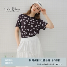 UnBleu正肩短袖t恤女2025夏季新款风情时尚女装黑色印花可爱上衣